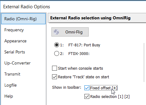 Option SDR Console Fixed Offset External Radio