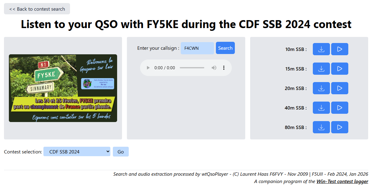 Display of F4CWN's contacts with FY5KE to replay for each band (10, 15, 20, 40, and 80m